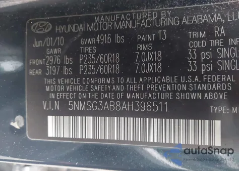 2010 Hyundai Santa Fe Gls из США, поврежденный, VIN 5NMSG3AB8AH396511